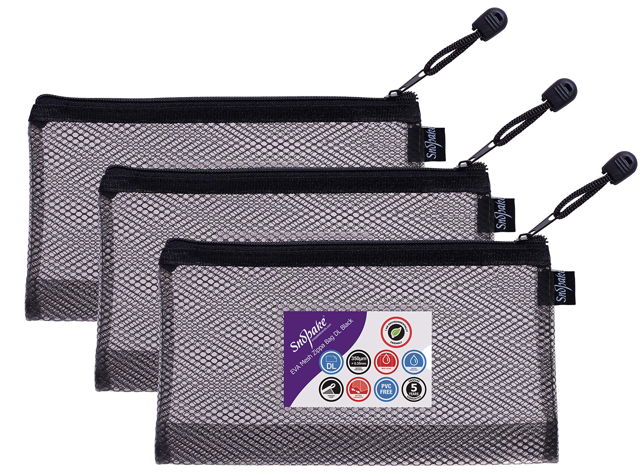 Snopake DL High Capacity Black EVA Mesh Zippa-Bag [Pack of 3] 240 x 130mm – Heavy Duty Bag with Hanging Loop and Business Card Holder [15879]