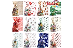 JOYIN 144 PCS Christmas Cellophane Bags with Ribbon for Holiday Treats, Christmas Clear Cello Gift Candy Cookie Bags for Party Favors, Festivals Presents, Party Supplies (11” X 5”)