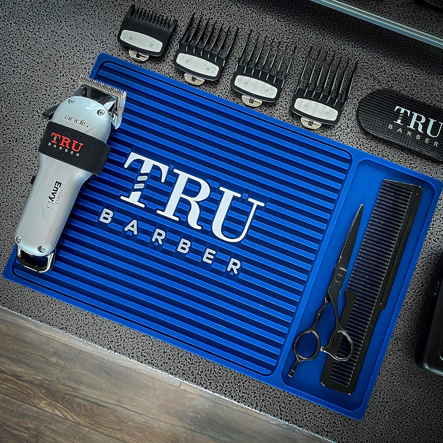 TRU BARBER ORGANIZER MAT 14”X 9” (BLUE) Flexible PVC Station Mat, Professional Mat, Salon and Barbershop work Station pads, Beauty salon tools hairstylist, Counter mat for clippers, Anti slip: Beauty