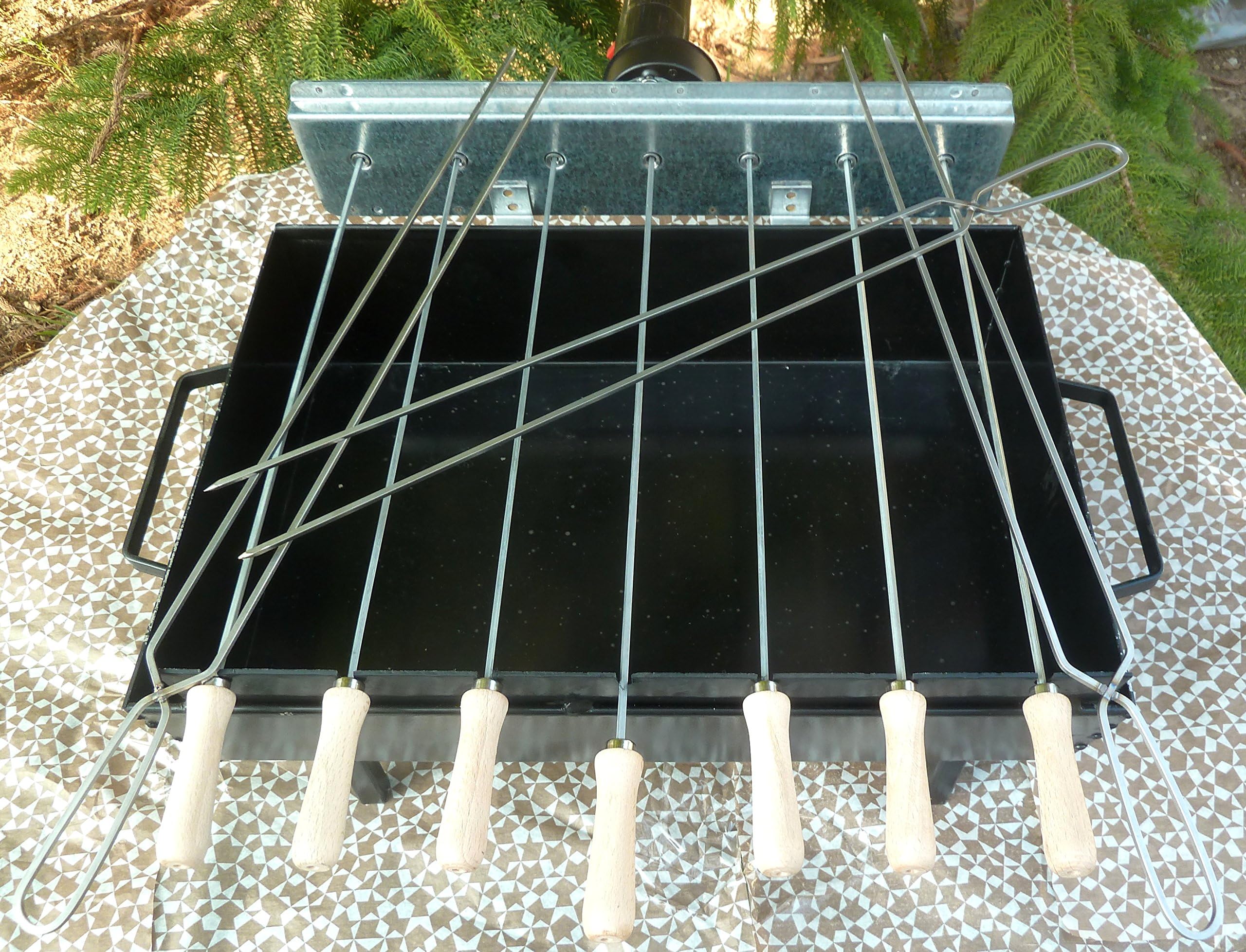 Cyprus FOUKOU BBQ Barbecue Small With short legs 8 cm Charcoal Grill Rotisserie For 7 Small Skewers & 3 Small Double Skewers to Rotate By hand For SOUVLAKI KEBAB ,SIEFTALIES With Battery Motor ,New