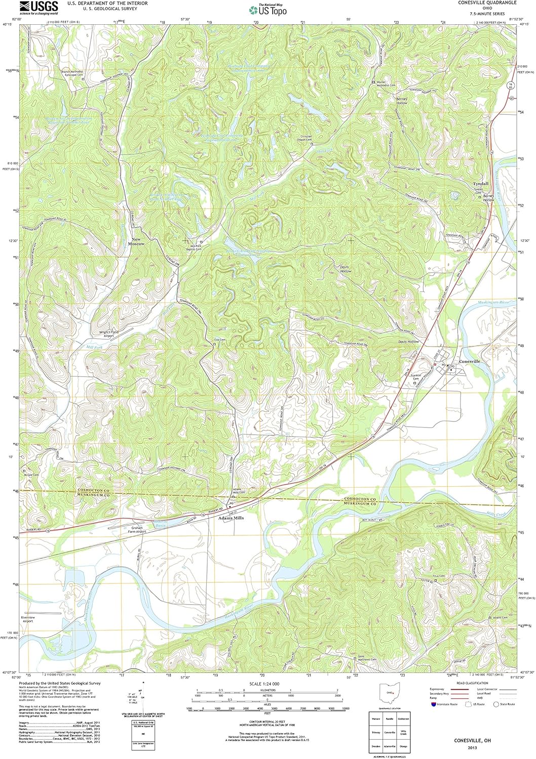 Topographic Map Poster CONESVILLE, OH TNM GEOPDF 7.5X7.5