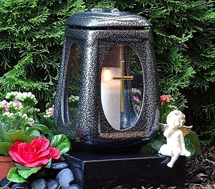 ? Grablaterne Grablicht Keramik Silber Glas Kreuz mit Grabkerze Grablampe Grabschmuck Grableuchte Laterne Grabkerze Lampe Ker