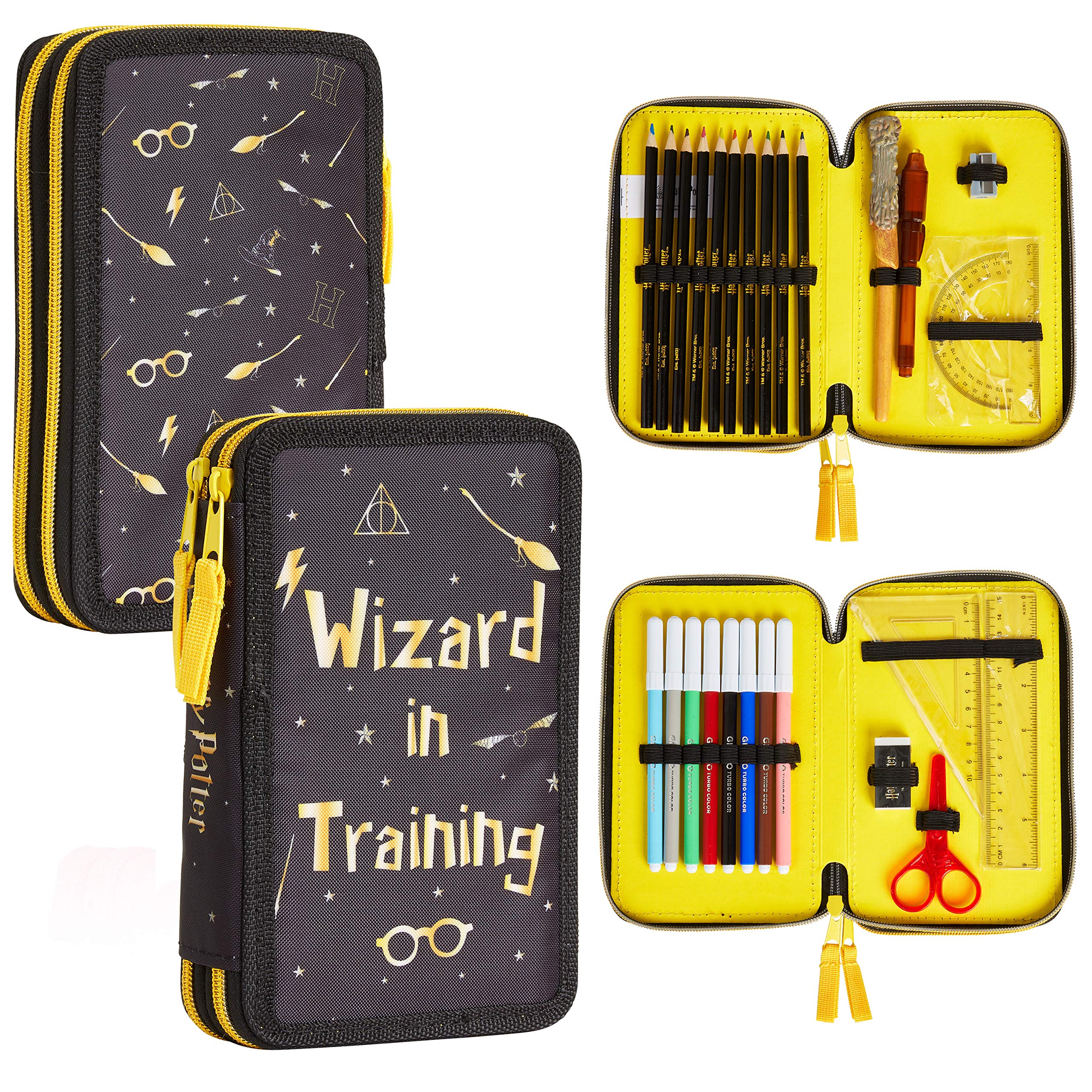 Harry Potter Pencil Case for Girls Boys, Stationery Set School Supplies, Wand Secret Light Pen (Black/Yellow) — image 1