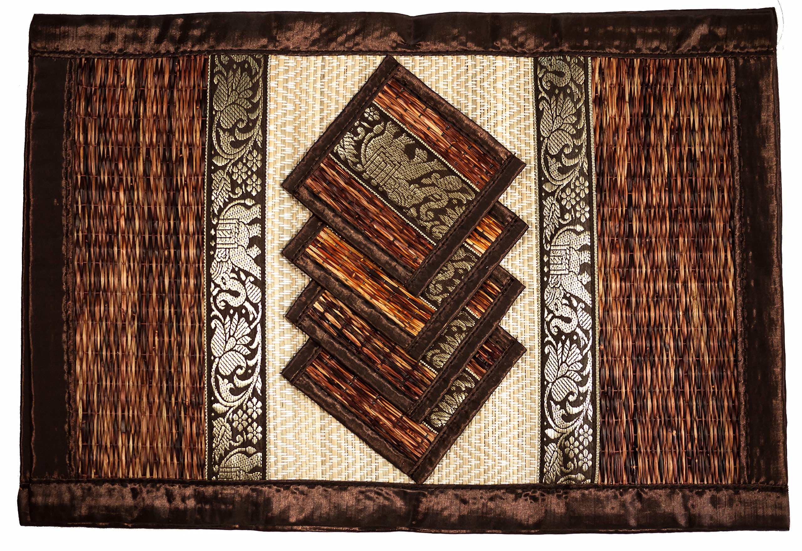 Hand-Woven Wicker Reed Placemats and Coaster Set - Eco-Friendly Alternative to Plastic - Heat Resistant - Thai Style - Durable and Easy to Clean - Perfect for Dining Table Décor - Set of 4 (Large T2 Brown)