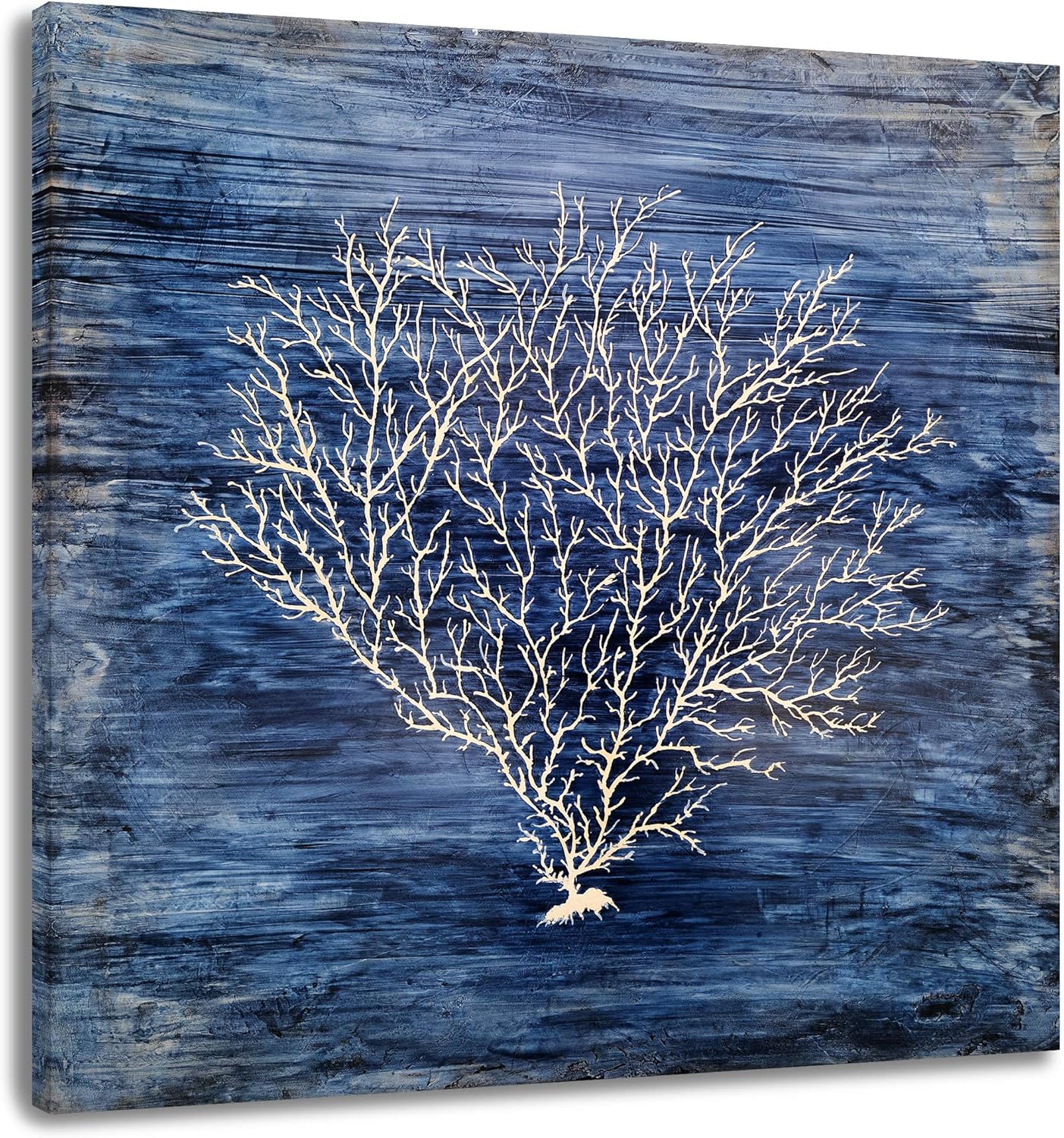 Paintings - Yihui Arts Coral Canvas Wall Art Hand Painted Navy Blue and White Paintings Modern Abstract Tree Pictures Contemporary Coastal Artwork for Living Room Bedroom Bathroom Decoration