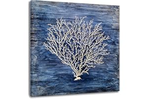 Yihui Arts Coral Canvas Wall Art Hand Painted Navy Blue and White Paintings Modern Abstract Tree Pictures Contemporary Coastal Artwork for Living Room Bedroom Bathroom decor