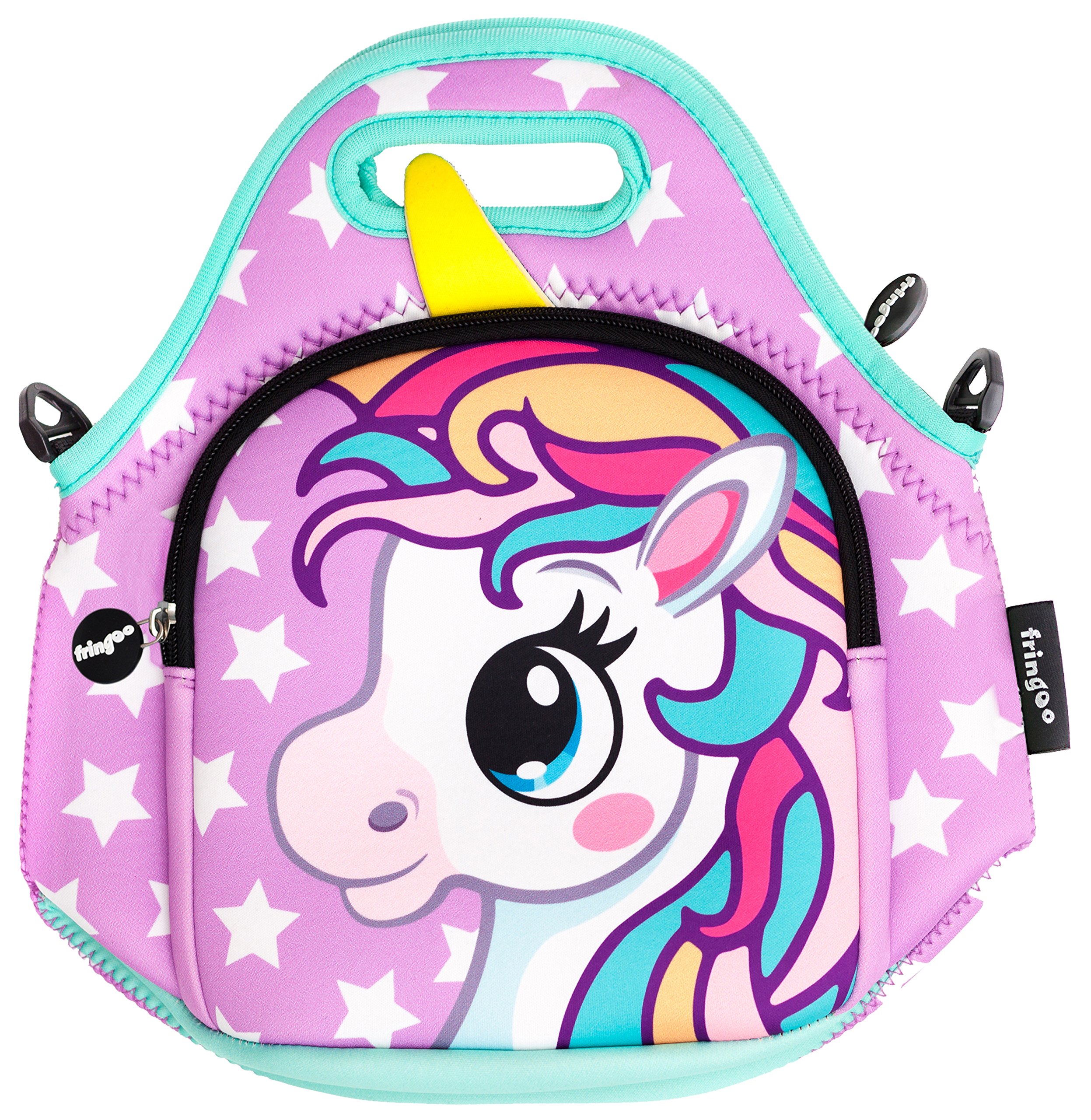 Fringoo® Kids Lunch Bag - Made from Neoprene Thermal Insulated Material - School Lunch Bag - Zipped Pocket Shoulder Strap (Unicorn Purple Stars)