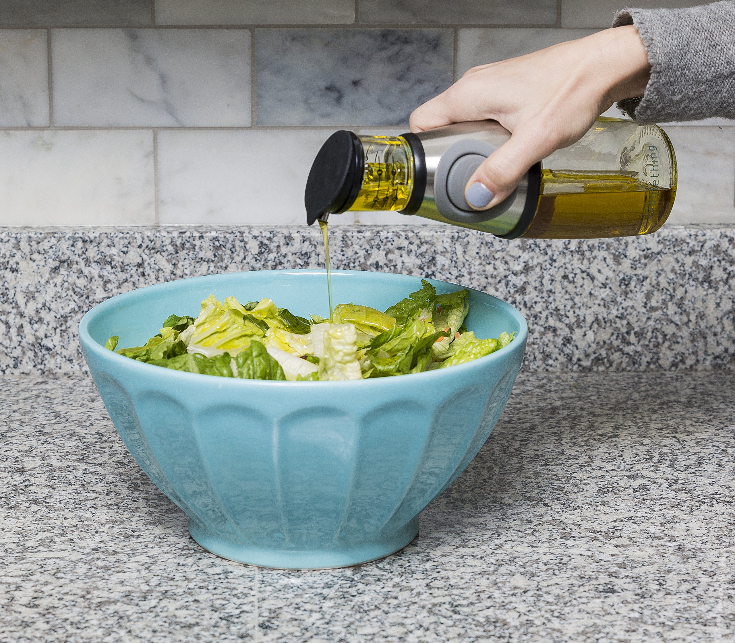 LittleSomething Olive Oil and Vinegar Dispenser - Glass Oil Bottle Non Drip 11 Ounce - Measuring Oil Pourer for Kitchen - Stainless Steel Silver