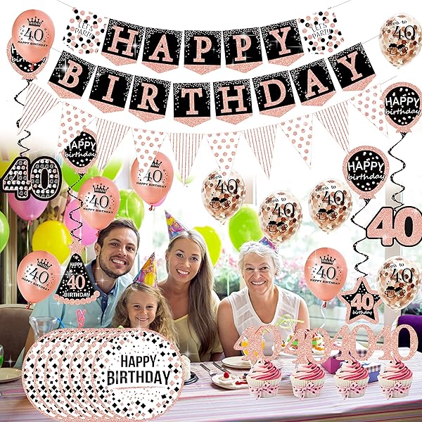 40TH BIRTHDAY DECORATIONS FOR WOMEN – (76PACK) ROSE GOLD PARTY BANNER, PENNANT, HANGING SWIRL, BIRTHDAY BALLOONS, FOIL BACKDROPS, CUPCAKE TOPPER, PLATES, PHOTO PROPS, BIRTHDAY SASH FOR GIFTS WOMEN