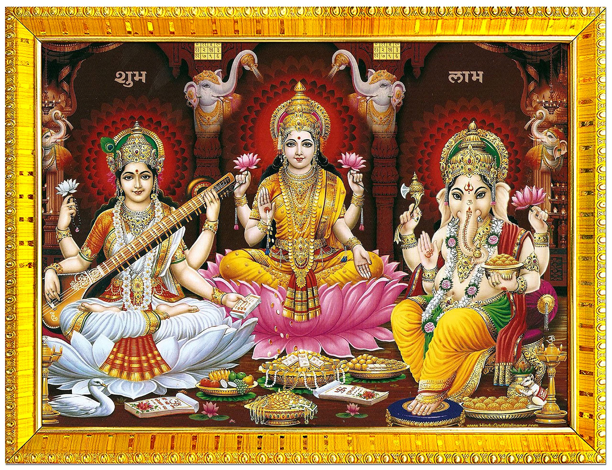 zig zag Lakshmi Saraswati Ganesha Ji Photo Frame For Wall / Table / Pooja Room ( 7x9 inches, Acrylic Glass) Golden