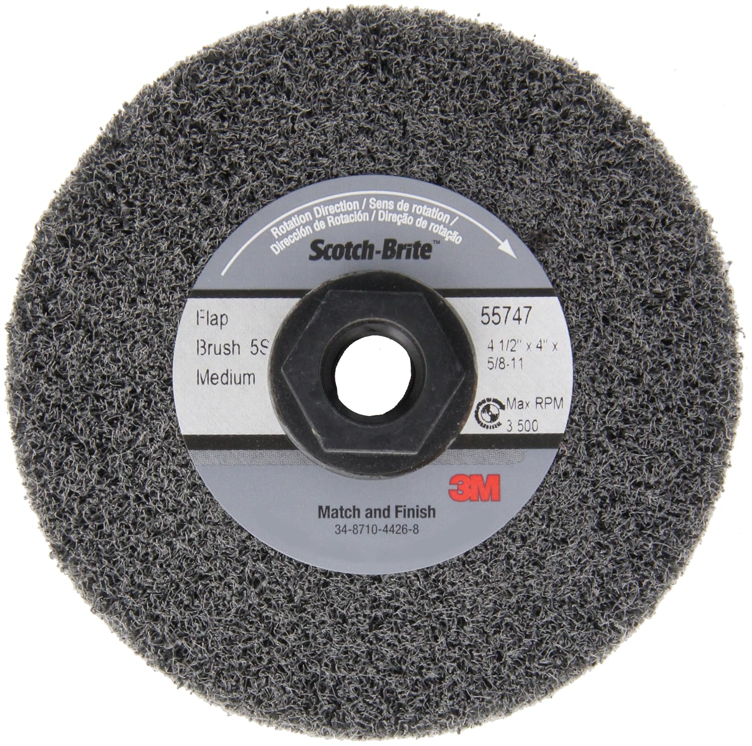 Scotch-Brite(TM) Match and Finish Flap Brush, Aluminum Oxide, 4-1/2" Diameter x 4" Width, 5/8"-11 Thread, Very Fine Grit (Pack of 1)
