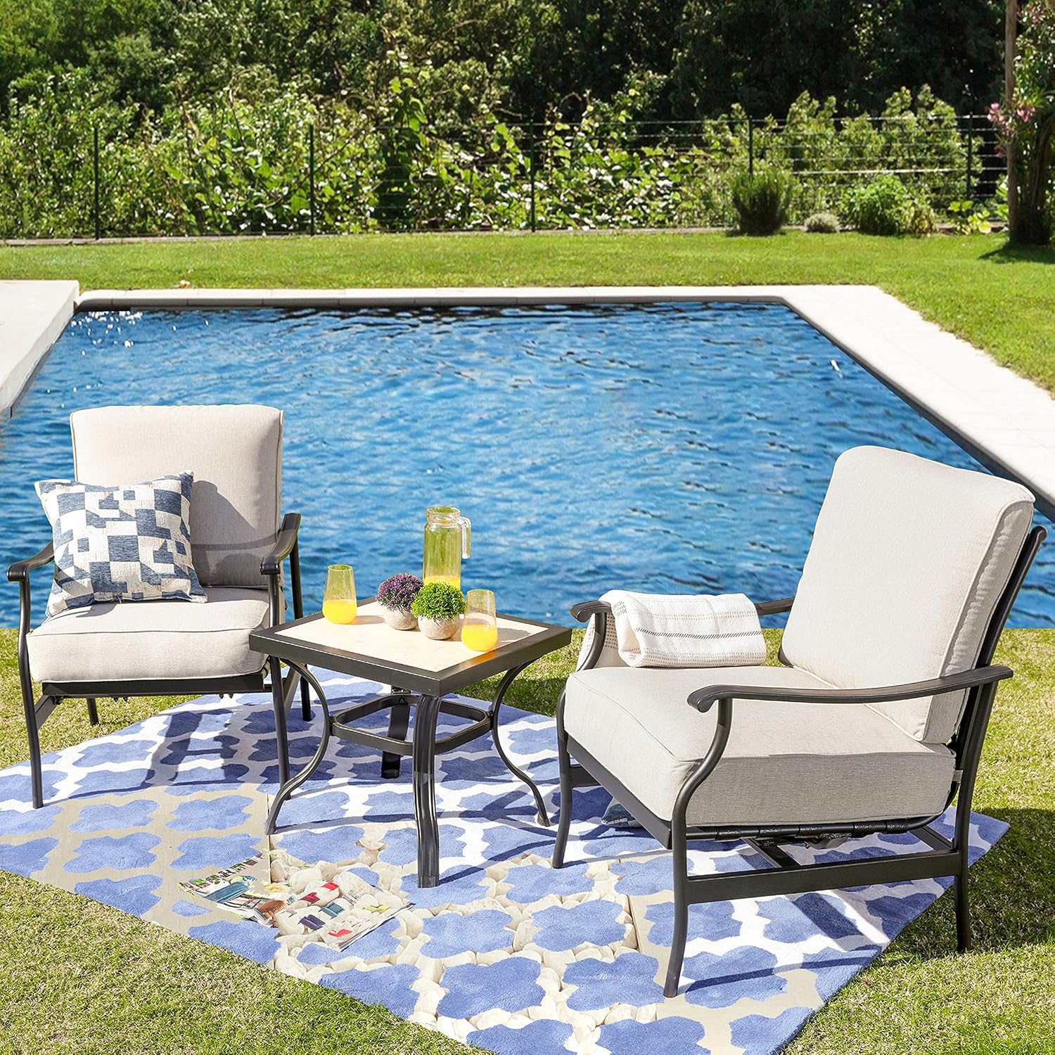LOKATSE HOME 3 Pcs Outdoor Conversation Furniture Patio Bistro Set Modern Metal Chair with Cushion & Square Coffee Table, Beige : Garden & Outdoor