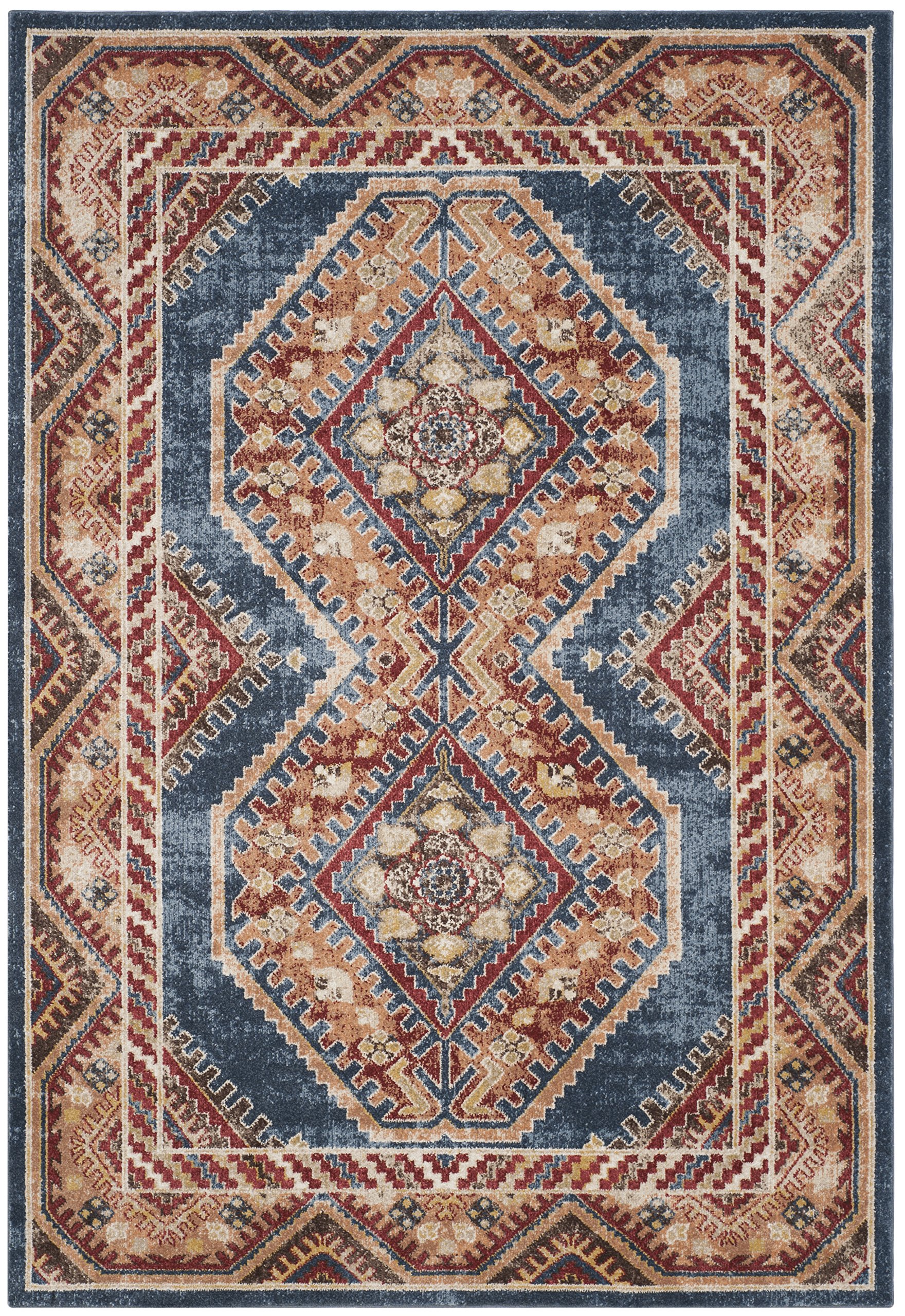 Safavieh Traditional Distressed Indoor Woven Rectangle Area Rug, Bijar Collection, BIJ647, in Royal Blue / Rust, 160 X 229 cm for Living Room, Bedroom or Any Indoor Space