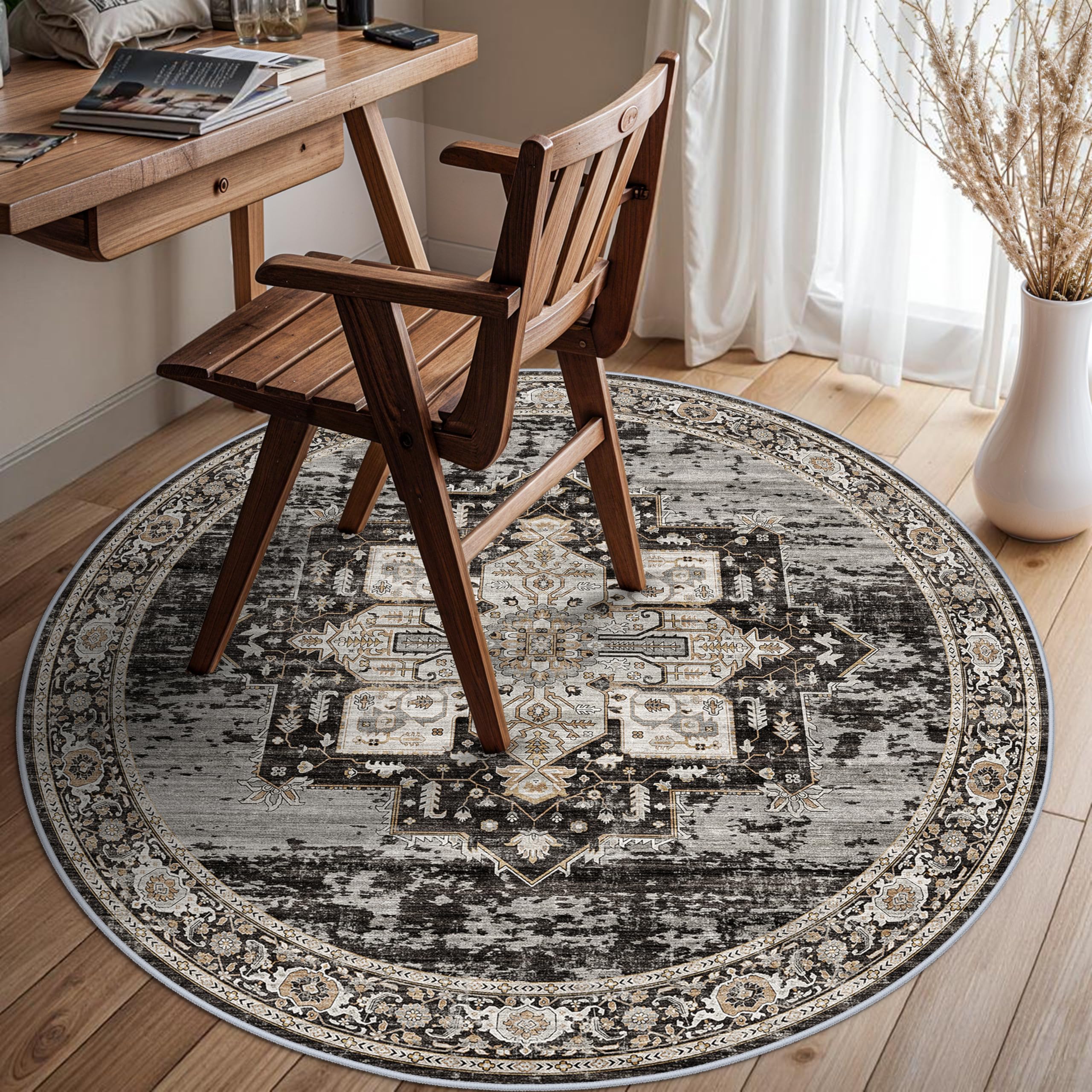 Living Room 4round Area Rugs - Boho Rugs for Bedroom Kitchen Stain Resistant Carpet Vintage Tribal Rugs for Dining Room Bathroom with Non Slip Backing Home Decor Floor Mat 4ft Black Image