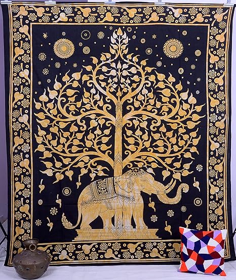 Yellow Elephant Tree of Life Printed Wall Hanging Bed Sheet Bedding Cotton Double Bedspread Beach Throw Coverlet Tapestry Home Decor Art by Handicraft-Palace