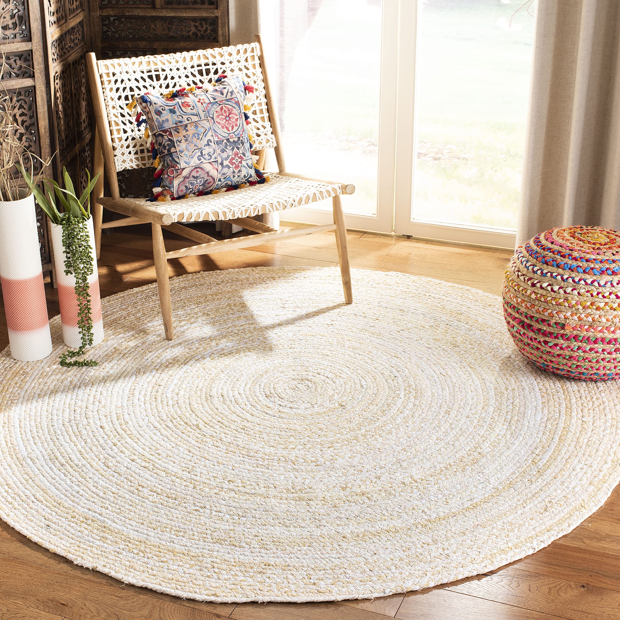 Photo 1 of SAFAVIEH Braided Collection Area Rug - 6' Round, Beige with Pink Accents, Handmade Cotton, Country Cottage Style, Reversible, Ideal for Areas in Entryway Foyer Living Room Bedroom Kitchen (BRD452B)