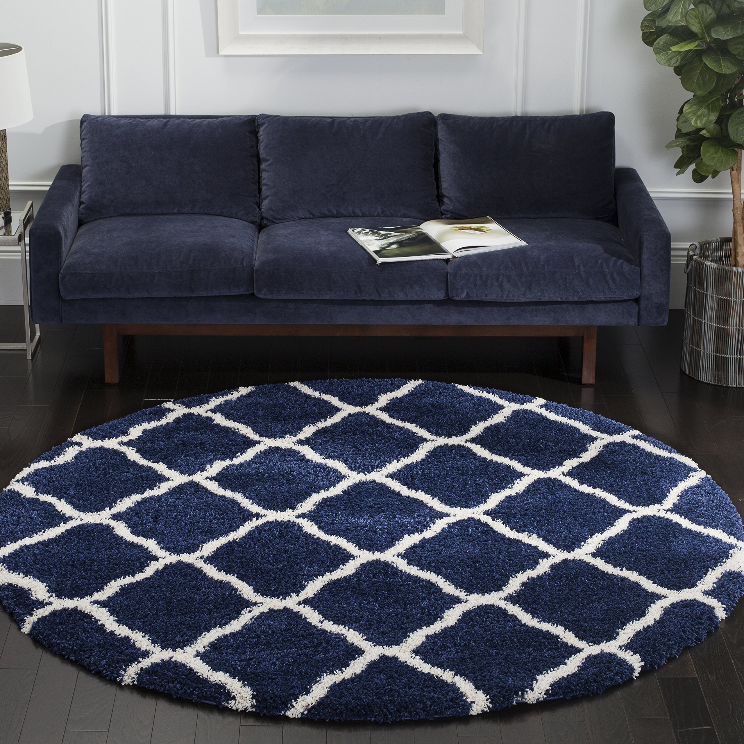 SAFAVIEH Hudson Shag Collection 9' Round Navy/Ivory SGH283C Moroccan Trellis Non-Shedding Living Room Bedroom Dining Room Entryway Plush 2-inch Thick Area Rug Image