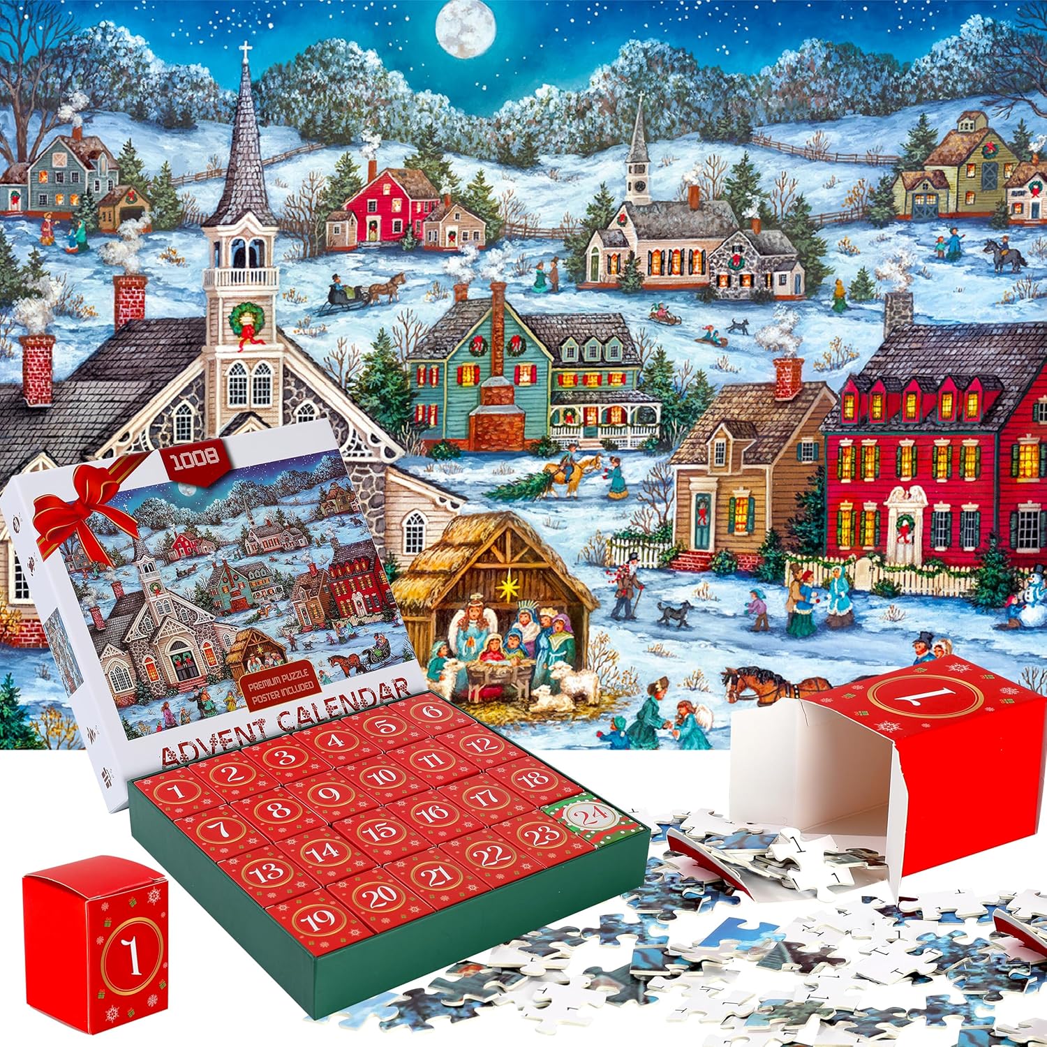 Advent Calendars - Advent Calendar 2023 Jigsaw Puzzles for Adults Kids, 24 Days 1008 Pieces Christmas Nativity Puzzle Countdown Calendar, Funny Christmas Game Gift, Great Stocking Stuffer Xmas Gifts Idea Wall Decor