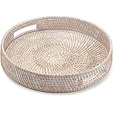 11.8" Round Rattan Tray, Hand Woven Serving Tray with Handles, Wicker Serving Basket, Decorative Tray for Home Decor, Whitewash