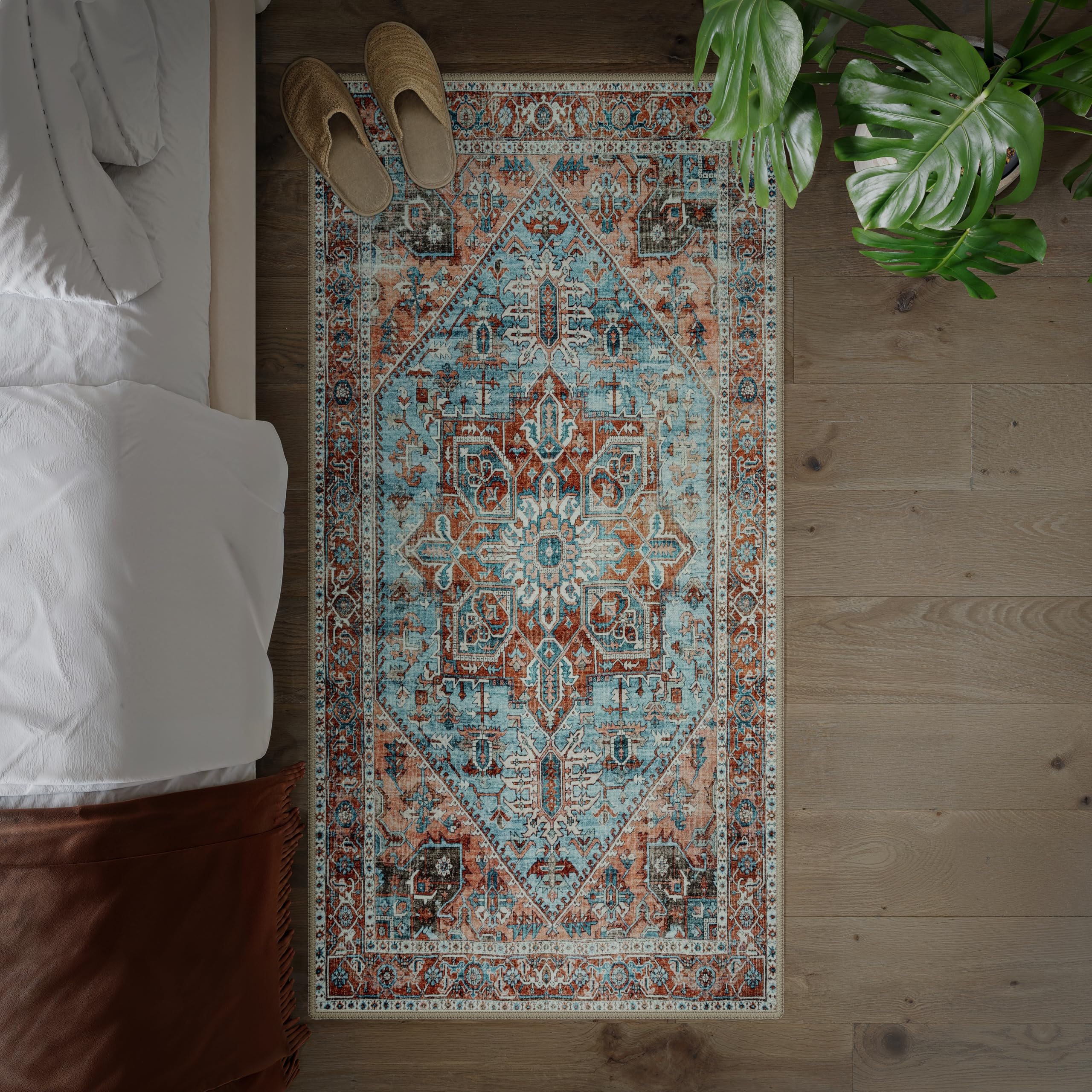 artyrugs Machine Washable Rug, 80x150cm, 75% Recycled Cotton, Short Pile, Non-Slip Backing, Non-Shedding, Suitable for Living Room, Bedroom, Kitchen, Hallway, Office, Cyan Blue & Salmon