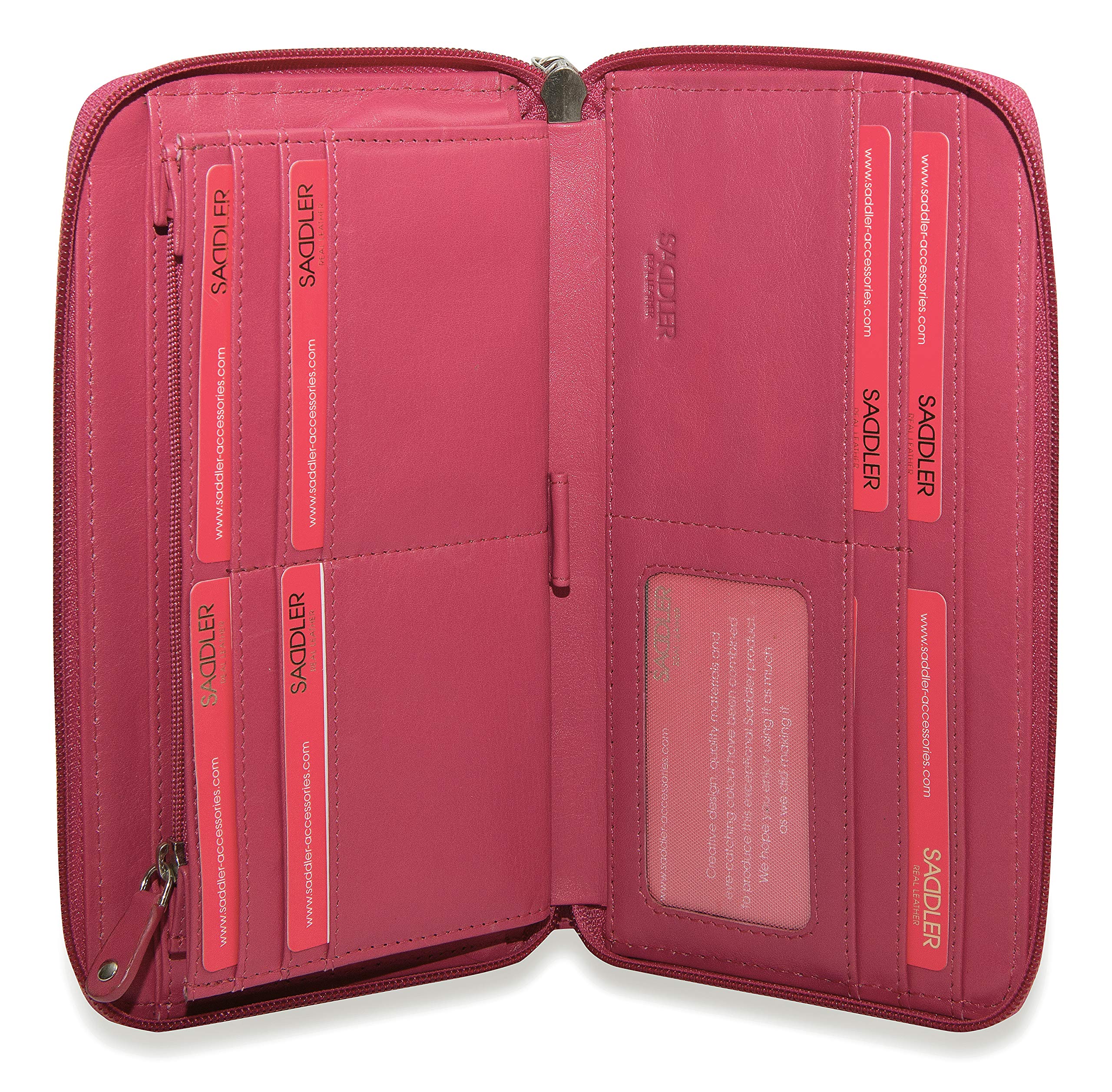 SADDLER Sophia Purse – RFID Protected Real Leather Large Zip-Around Wallet with 15 Card Slots, ID Window, Wrist Strap & Multi-Section Interior – Fits Most Phones – Gift-Boxed