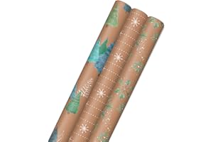 Hallmark Christmas Wrapping Paper Rolls, Brown Kraft Snowflakes, Blue and Green Foliage, Trees Gift Wrap (Pack of 3: 90 sq. ft. ttl.) for Holiday Parties, Winter Weddings, Birthdays