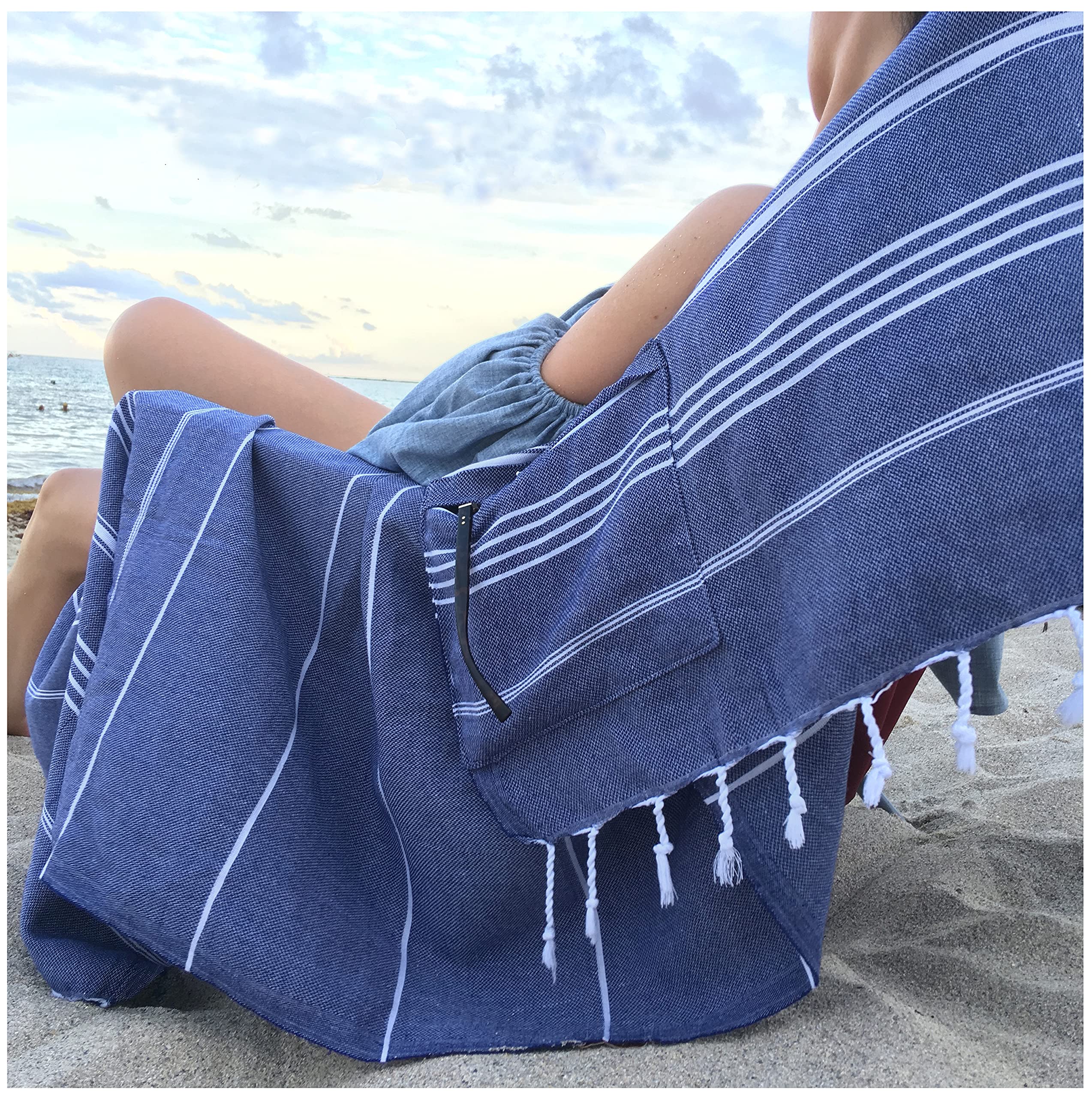 Aysesa-Sandproof Turkish Beach Towel w/Hidden-Zippered-Pocket 100% Cotton Oversized Sand Free Blanket XXL 38x75 Extra Large for Adults Gift Men Women Made in Turkey