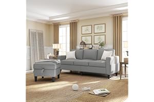 ZeeFu Convertible Sectional Sofa Couch,Modern Light Grey Linen Fabric Upholstered 3 Seat L-Shaped Sofa Couch Furniture with Storage Reversible Ottoman and Pockets for Living Room Small Space Apartment