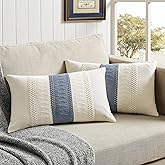 ZeeMart 2 Packs Cotton Boho Lumbar Throw Pillow Covers 12x20 Inch Contrast Blue, Soft Farmhouse Decorative Couch Pillow Cases Blue Cushion Covers for Sofa Bed Living Room Home Decor ﻿