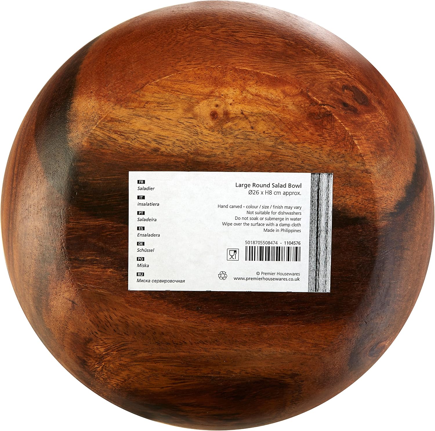 Premier Housewares Acacia Wood Salad Bowl Large Hand Carved Salad Bowl, 26 x 26 x 8 cm, Natural - Image 5