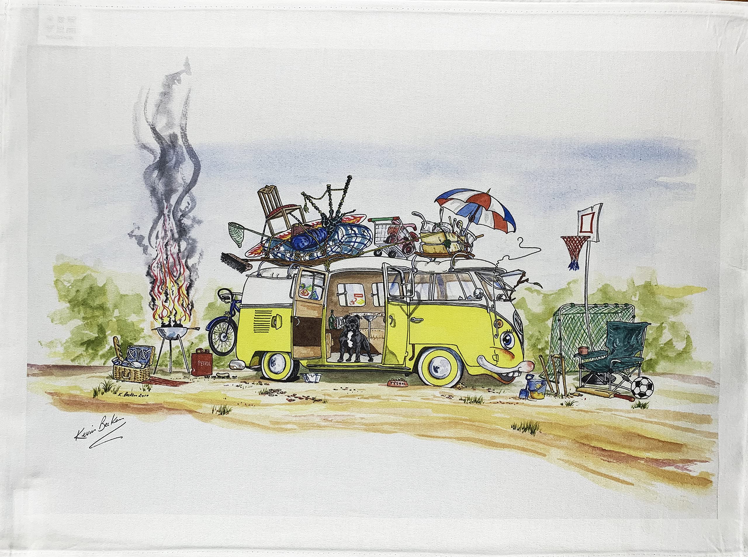 Half a Donkey Hand Drawn Camper Van Capers Large Cotton Tea Towel