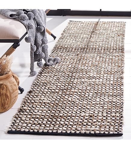 SAFAVIEH Natural Fiber Collection Runner Rug - 2'3 x 8', Natural & Blue, Handmade Flat Weave Boho Farmhouse Rustic Border Jute, Ideal for High Traffic Areas in Living Room, Bedroom (NFB852M