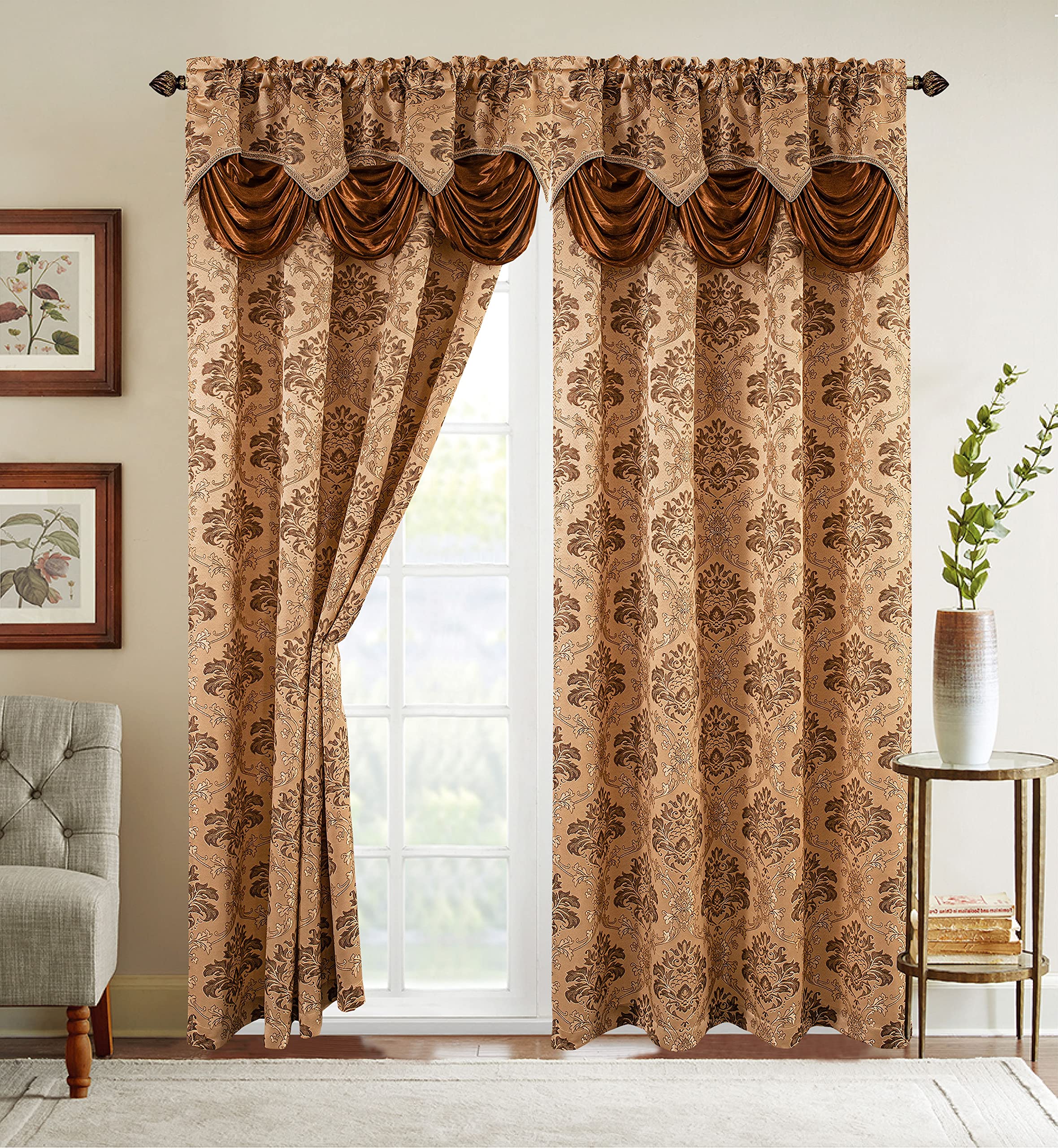 Elegant Comfort Jacquard Look Curtain Panel Set with Attached Waterfall Valance, (Set of 2), 54 x 84 Inches, Gold/Brown — image 1