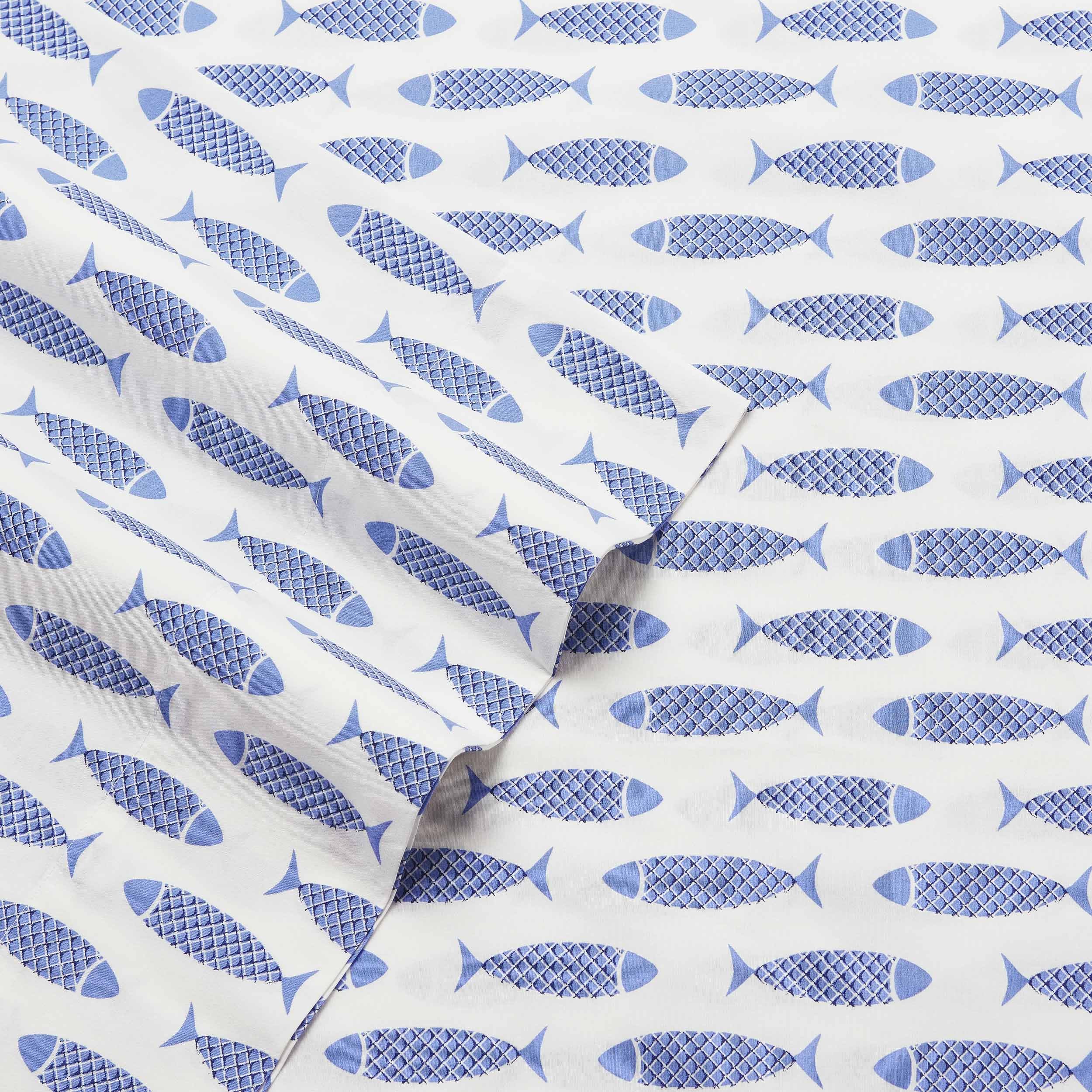 Nautica | Percale Collection Sheet Set-100% Cotton, Crisp & Cool, Lightweight & Moisture-Wicking Bedding, Twin, Woodblock Fish