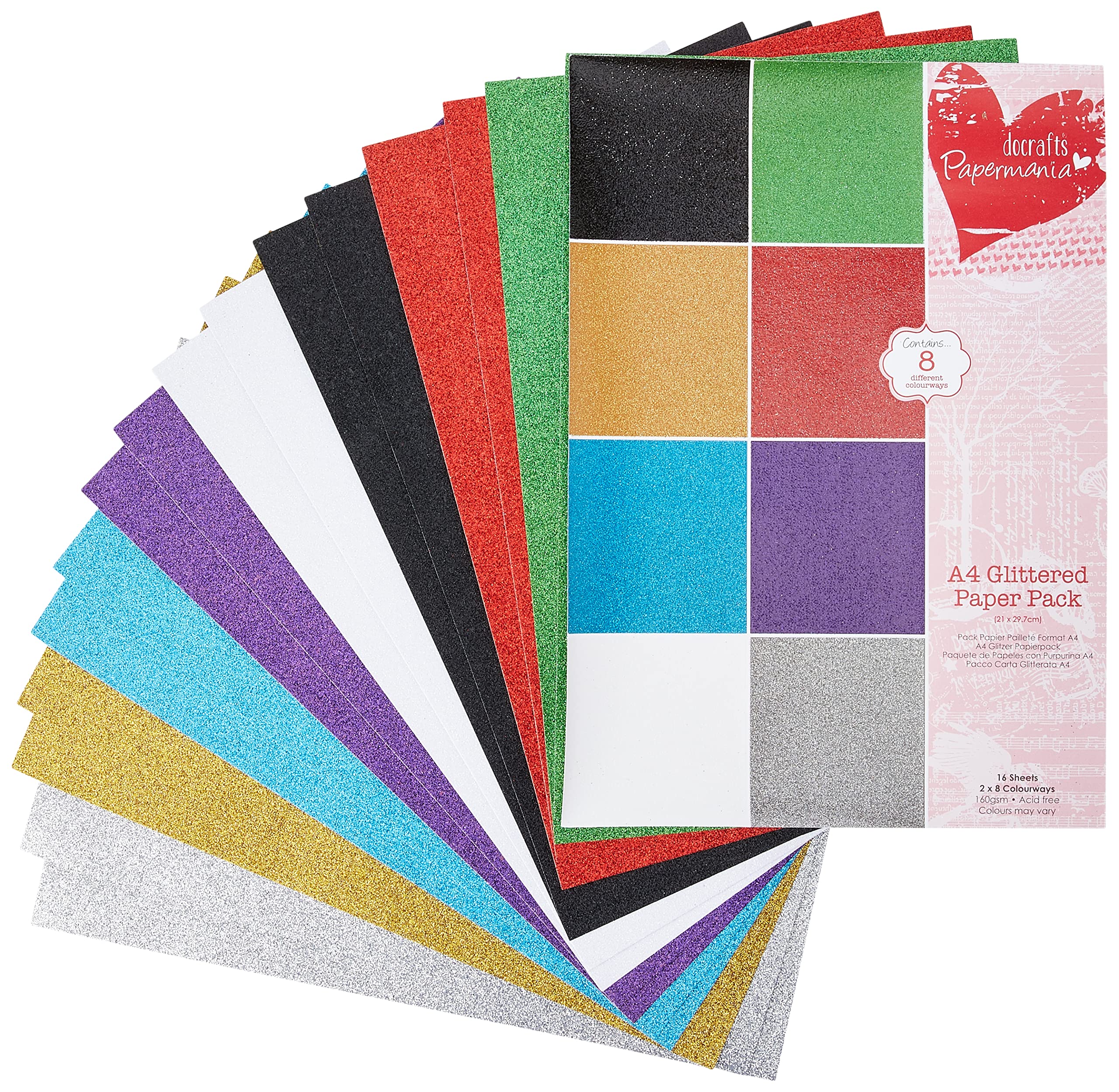 Papermania A4 Glittered Paper, Pack of 16