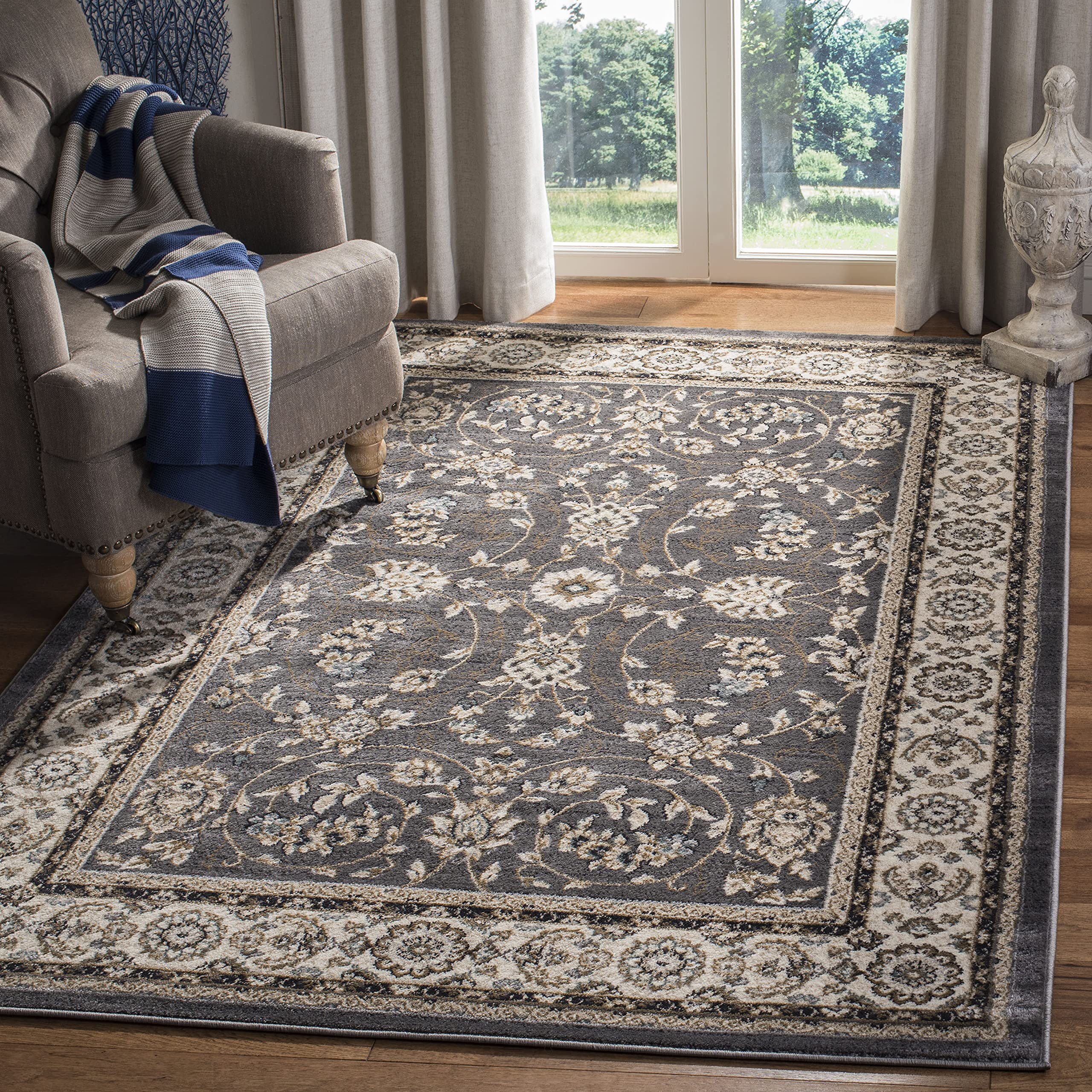 Photo 1 of ******SIMILAR******* SAFAVIEH Lyndhurst Collection Area Rug - 7' Square, Grey & Cream, Traditional Oriental Design, Non-Shedding & Easy Care, Ideal for High Traffic Areas in Living Room, Bedroom (LNH340G)