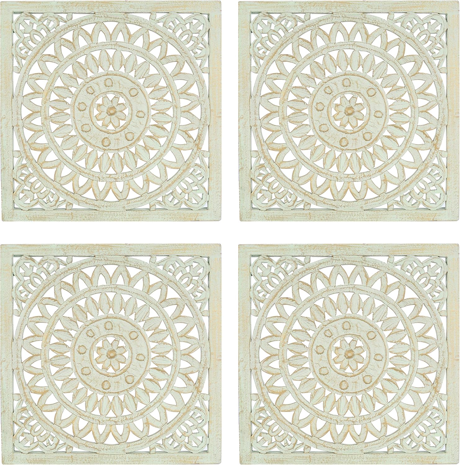 Wooden Designer Wall Hanging Plaques/Wall Plaque Wall Décor Plaques Set of 4-16x16 Inch - Greenish Gold, Elegant Sculpture Wall Décor Panel to Enhance The Décor of Your Room or Office