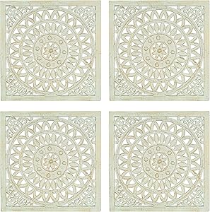 Wooden Designer Wall Hanging Plaques/Wall Plaque Wall Décor Plaques Set of 4-16x16 Inch - Greenish Gold, Elegant Sculpture Wall Décor Panel to Enhance The Décor of Your Room or Office
