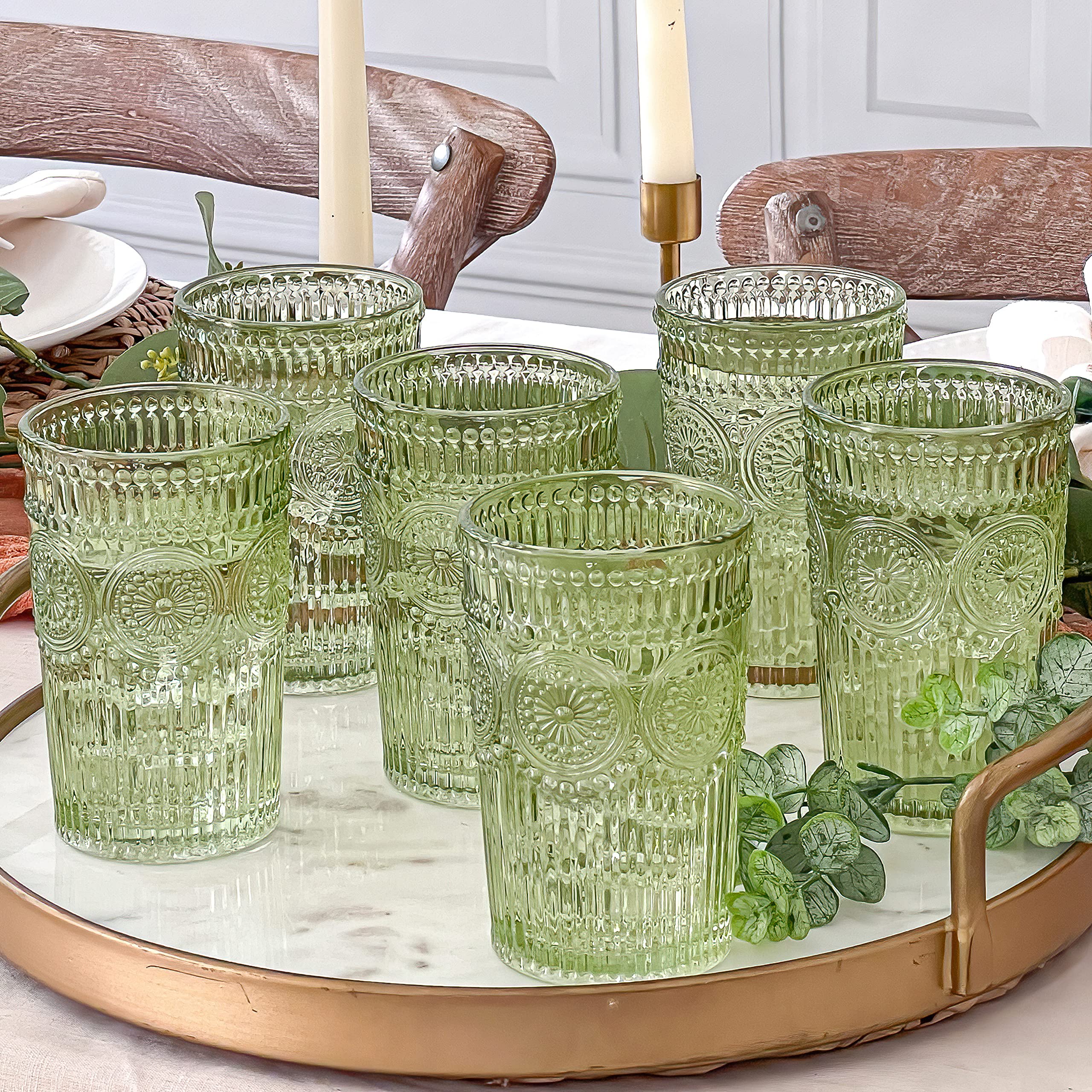 Vintage Ribbed Green Drinking Glasses Set of 6-13 oz Embossed Glass Cups for Water, Iced Tea, Cocktails - Colored Glassware for Kitchen, Vintage Tumblers, Cute Glass Cups, Boho Drinkware