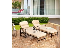 LOKATSE HOME 2 Pieces Outdoor Patio Chaise Lounge Blue Removable Cushions and Pillows with Adjustable Backrest and Armres Reclining Chairs for Beach Poolside Balcony Backyard Garden, Khaki