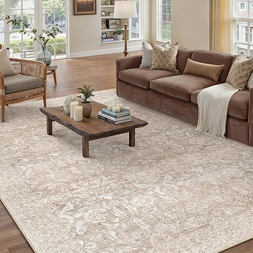 PureCozy 6x9 Area Rug Beige Washable Vintage Living Room Bedroom Carpet Indoor Large Non Slip Soft Low Pile Thin Rug Retro Accent Throw Office Dining Room