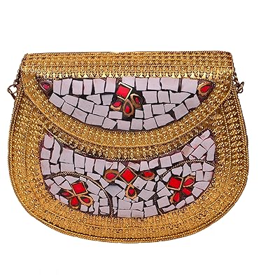 White Fancy Brass Metallic Party Clutch Purse with Colorful Mosaic Stonework for Weddings, Evening Party
