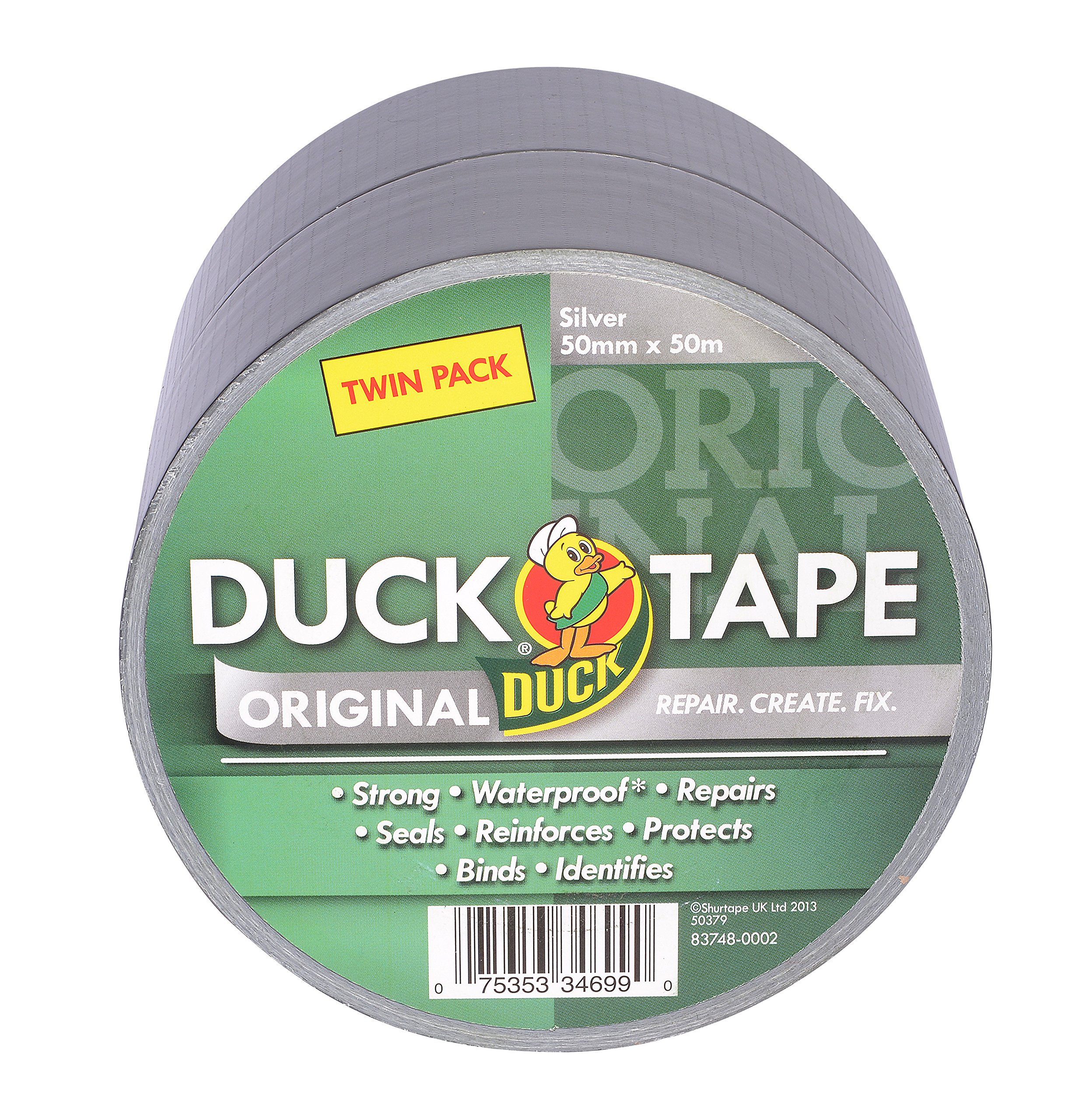 Duck Tape Original Silver, 50mm x 50m (Twin Pack), the Original High Strength Waterproof Gaffer and Duct Adhesive Cloth Repair Tape