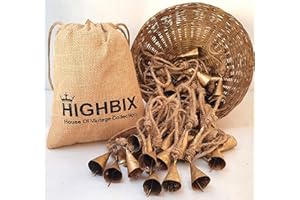 HIGHBIX 4cm Small Vintage Rustic Lucky Tin Metal Cow Bells Handmade Christmas Décor Bells on Jute Rope (30, Cone)