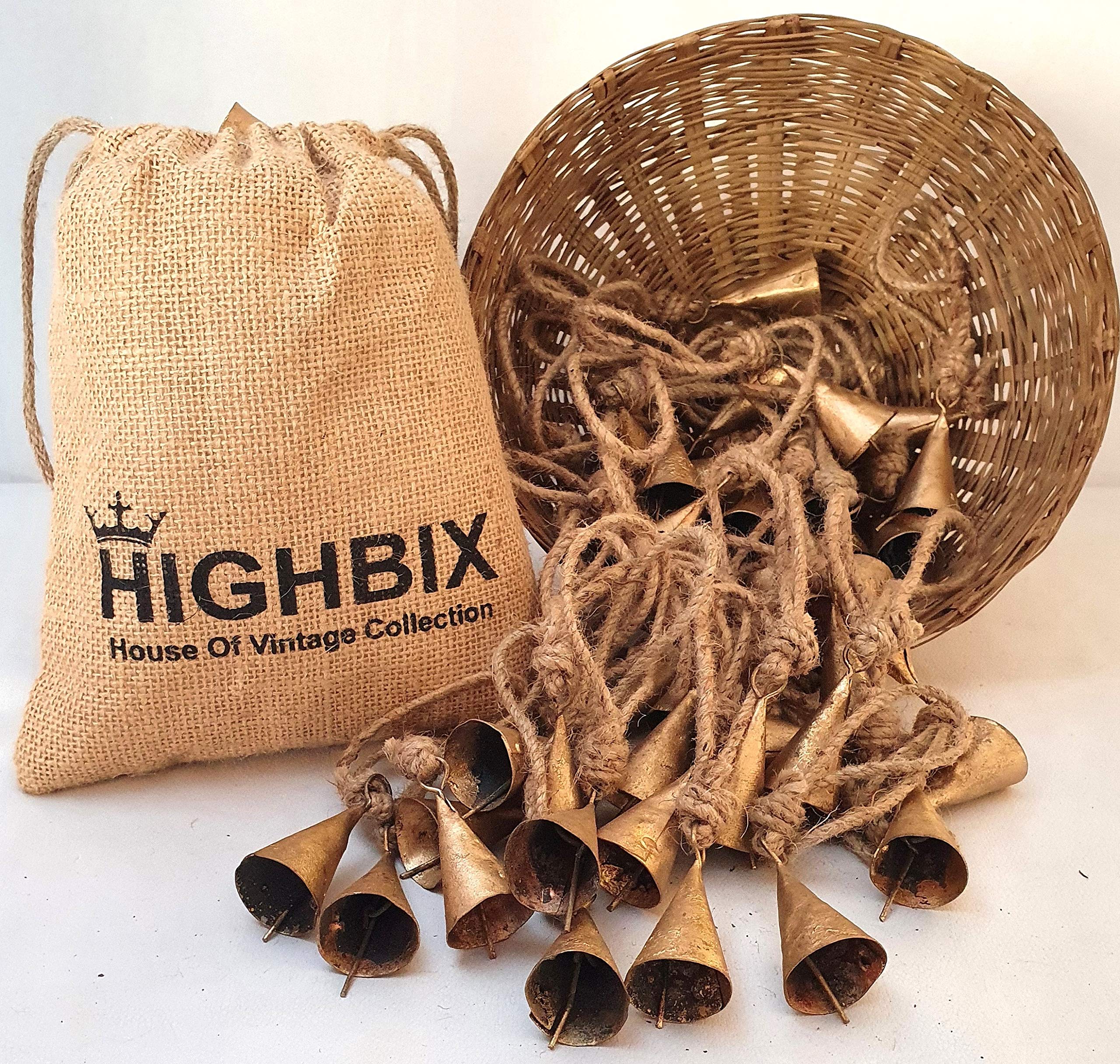 HIGHBIX 4cm Vintage Rustic Lucky Cone Shaped Tin Cow Bells Handmade Christmas Décor Bells with Jute Rope (30)