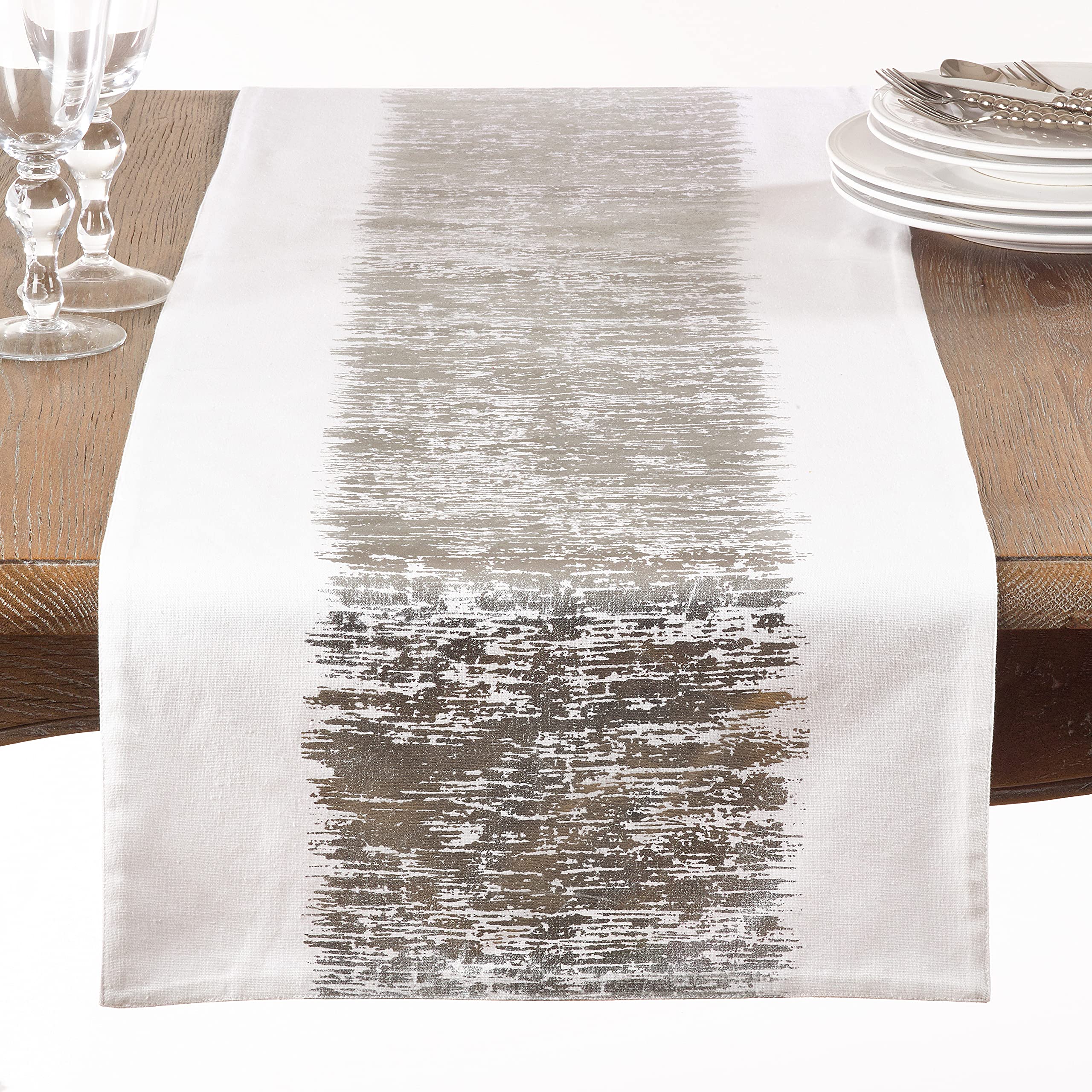 SARO LIFESTYLE Agatha Collection Metallic Banded Design Cotton Table Runner, 16" x 90", Silver