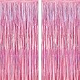 2 Pack Glitter Pink Backdrop, 3.28 FT x 7.05 FT Birthday Party Decorations, Laser Pink Fringe Curtains Foil Streamer Tinsel,