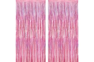 ZATAYE 2 Pack Glitter Pink Backdrop, 3.28 FT x 7.05 FT Birthday Party Decorations, Laser Pink Fringe Curtains Foil Streamer Tinsel, Pink Curtains Photo Backdrop Happy Birthday Backdrop