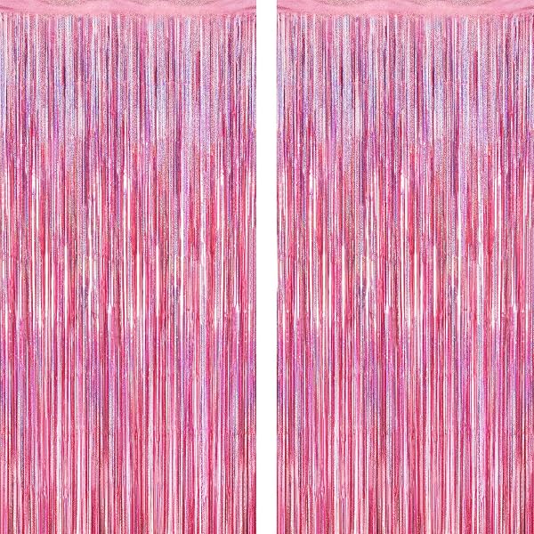 2 Pack Glitter Pink Backdrop, 3.28 FT x 7.05 FT Birthday Party Decorations, Laser Pink Fringe Curtains Foil Streamer Tinsel,