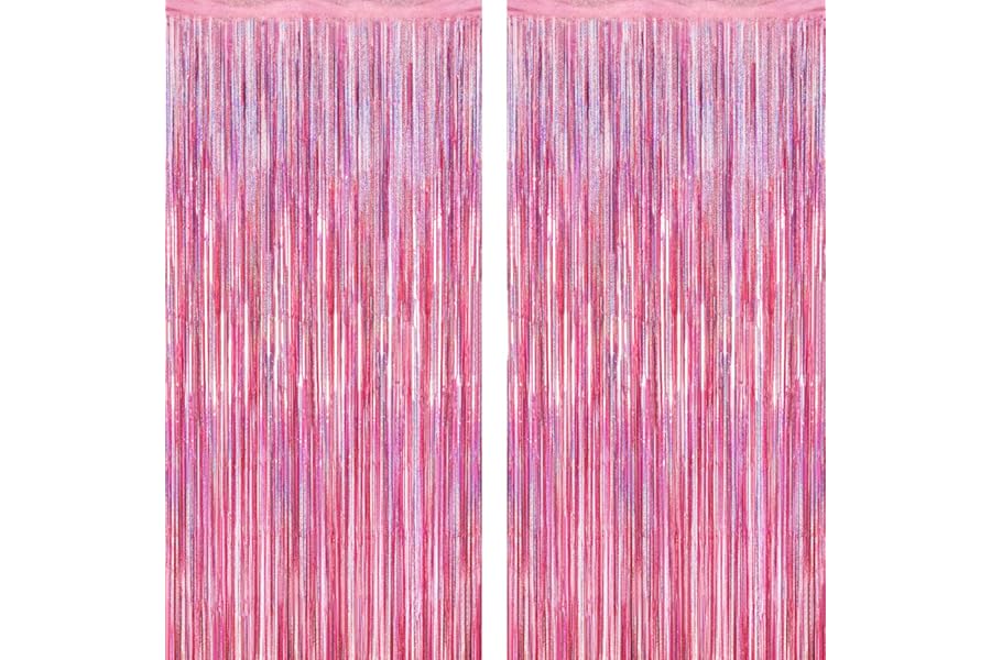 2 Pack Glitter Pink Backdrop, 3.28 FT x 7.05 FT Birthday Party Decorations, Laser Pink Fringe Curtains Foil Streamer Tinsel,